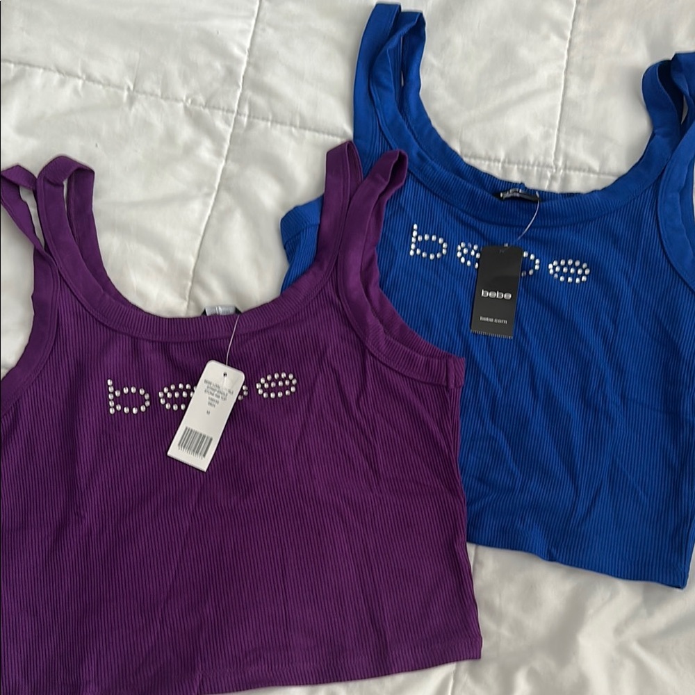 Bebe Women's Purple and Blue Ribbed Tank Tops